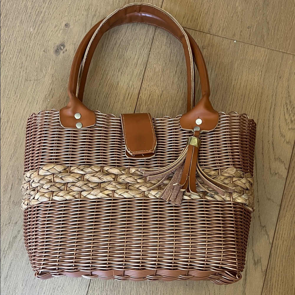 Brown Woven Tote Bag with Tassel Accent